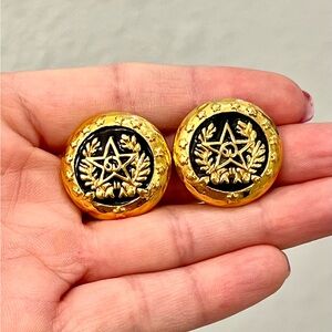St. John Vintage Gold Tone and Black enamel clip earrings
